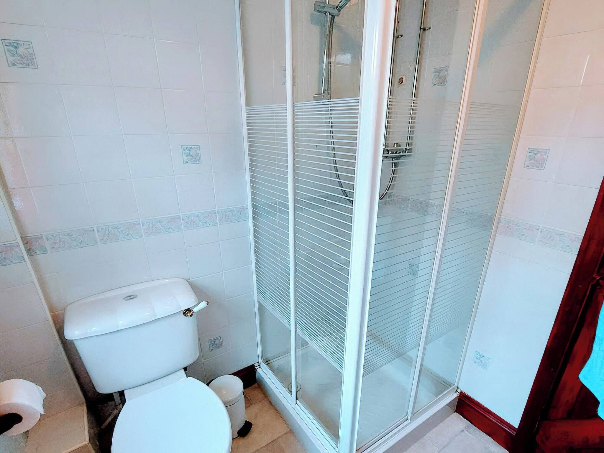 A bathroom with a toilet, a shower enclosure, and a toilet paper roll.