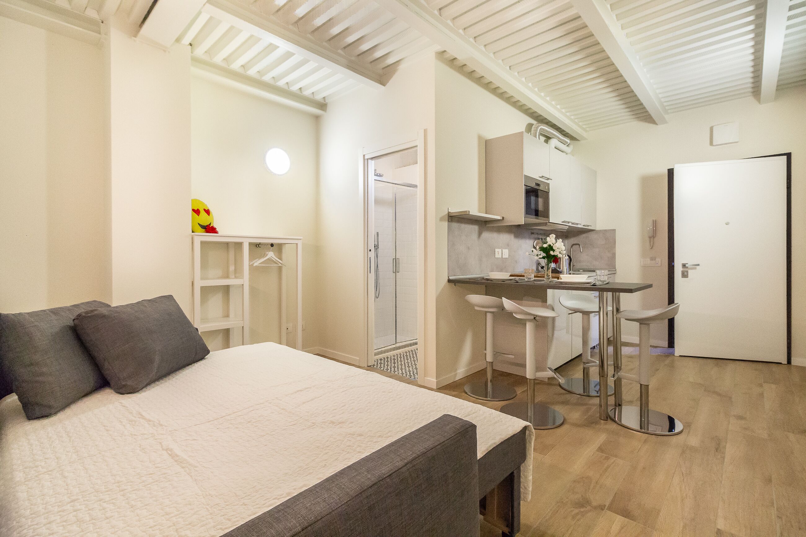 Un dormitorio con cama, una kitchenette pequeña y un baño.