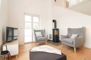 A living room with a television, two armchairs, a fireplace, and a large window. - Ferienhaus DeichGalerie89 (Krummhoern)