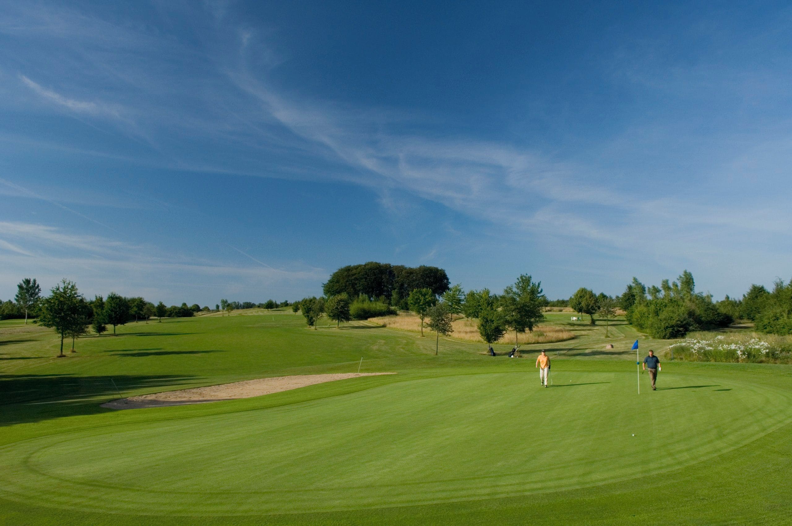 Un campo de golf con cielo despejado, árboles y un césped bien cuidado.