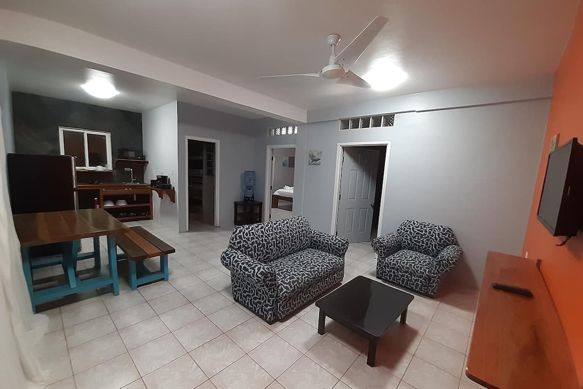 A living room with a sofa, two armchairs, a coffee table, a TV, and a dining area with a table and chairs.