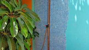 Una puerta de azulejos azules con un picaporte de metal, una tubería metálica y una maceta con hojas verdes grandes.