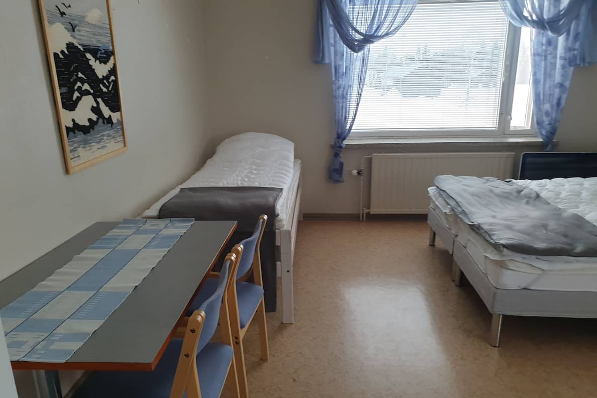 A room with a bed, a desk with chairs, a radiator, and a window with curtains.