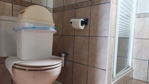 Des toilettes avec un abattant, un porte-rouleau de papier toilette et une fenêtre avec des stores.