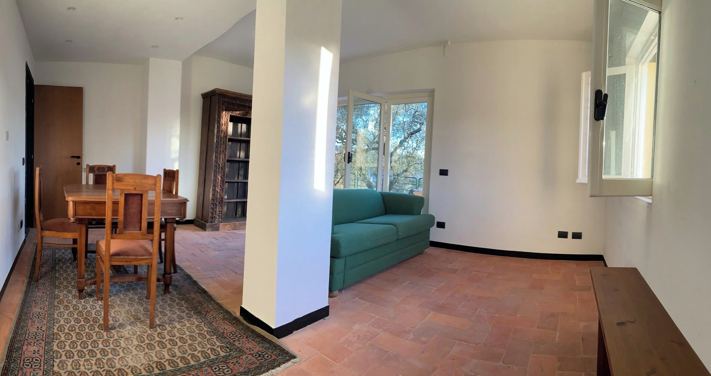 A room with a dining table and chairs, a green sofa, and a patterned rug.