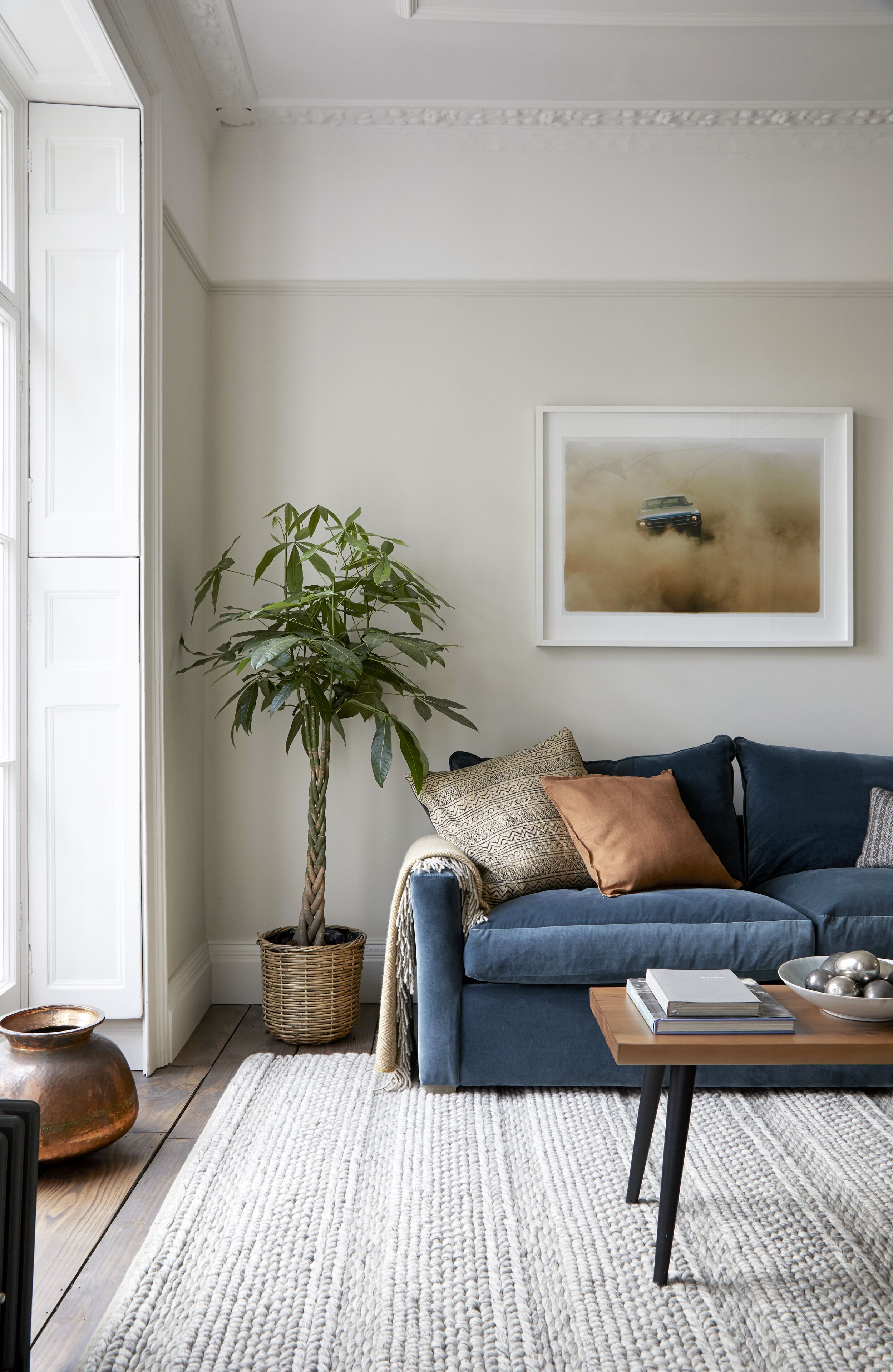 A living room with a blue sofa, a coffee table, a potted plant, and a framed picture on the wall.