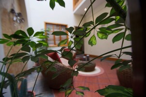 Una habitación con suelo de baldosas rojas, una puerta de madera y una cesta grande de mimbre.