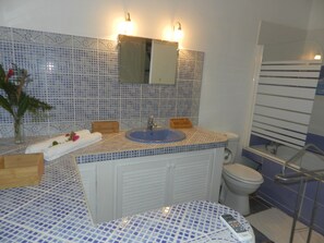 Douche, sèche-cheveux, serviettes fournies, papier toilette