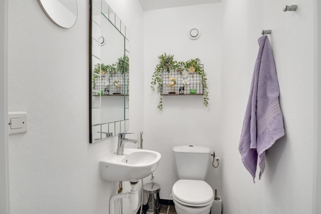 A modern bathroom with a white sink, toilet, and mirror. There are two shelves with plants and a purple towel hanging on the wall.