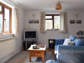 A living room with a television, sofa, and a window with curtains.