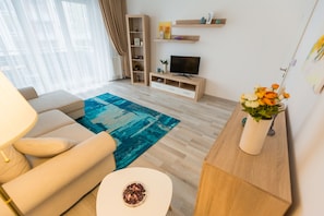 A modern living room with a sofa, TV stand, and a blue rug.