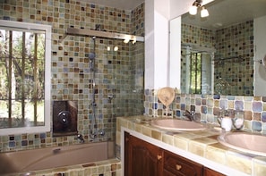 Combined shower/tub, hair dryer, bidet, towels