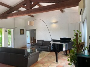 TV, DVD player, ping pong, books