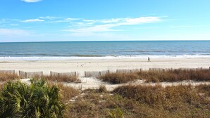 A beach with a wooden fence and sparse vegetation in the foreground. - Holiday Sands South Resort by Palmetto Vacations (Myrtle Beach)