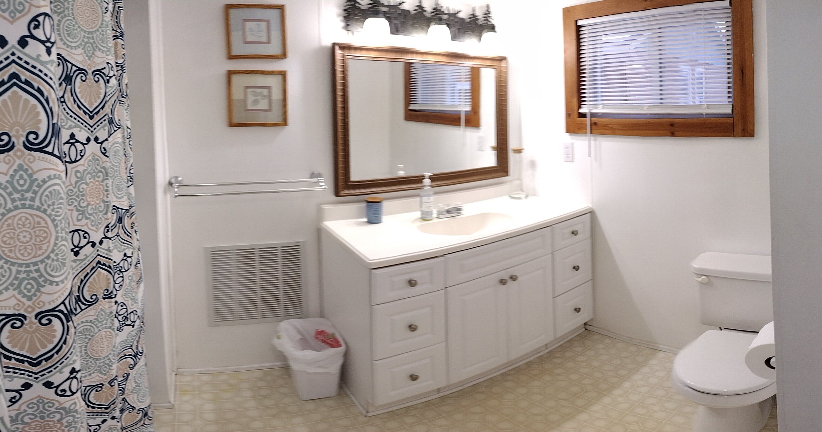 A bathroom with a white vanity, a mirror, a toilet, and patterned curtains.