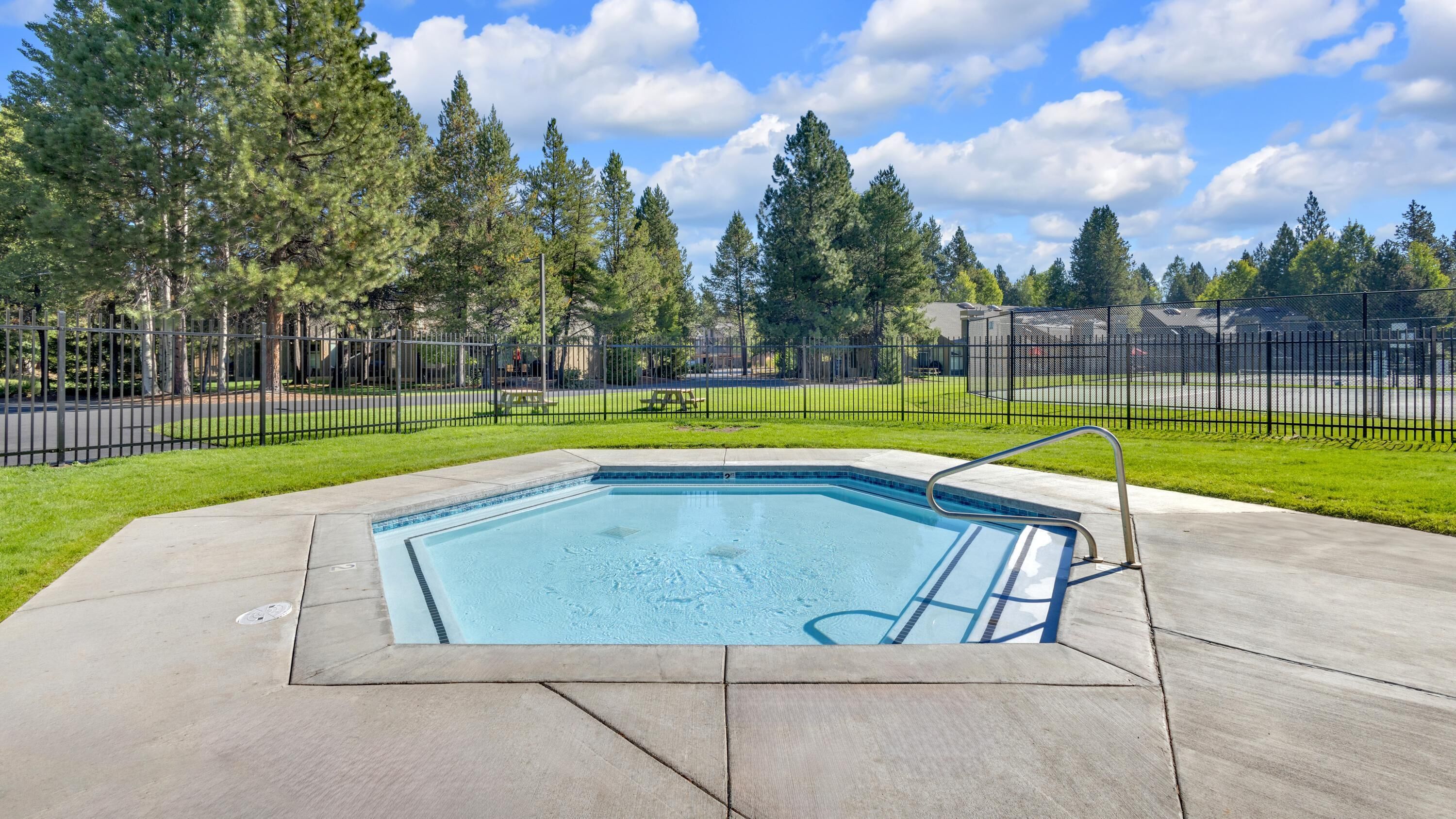 A rectangular swimming pool with a metal ladder, surrounded by a concrete deck and a metal fence.