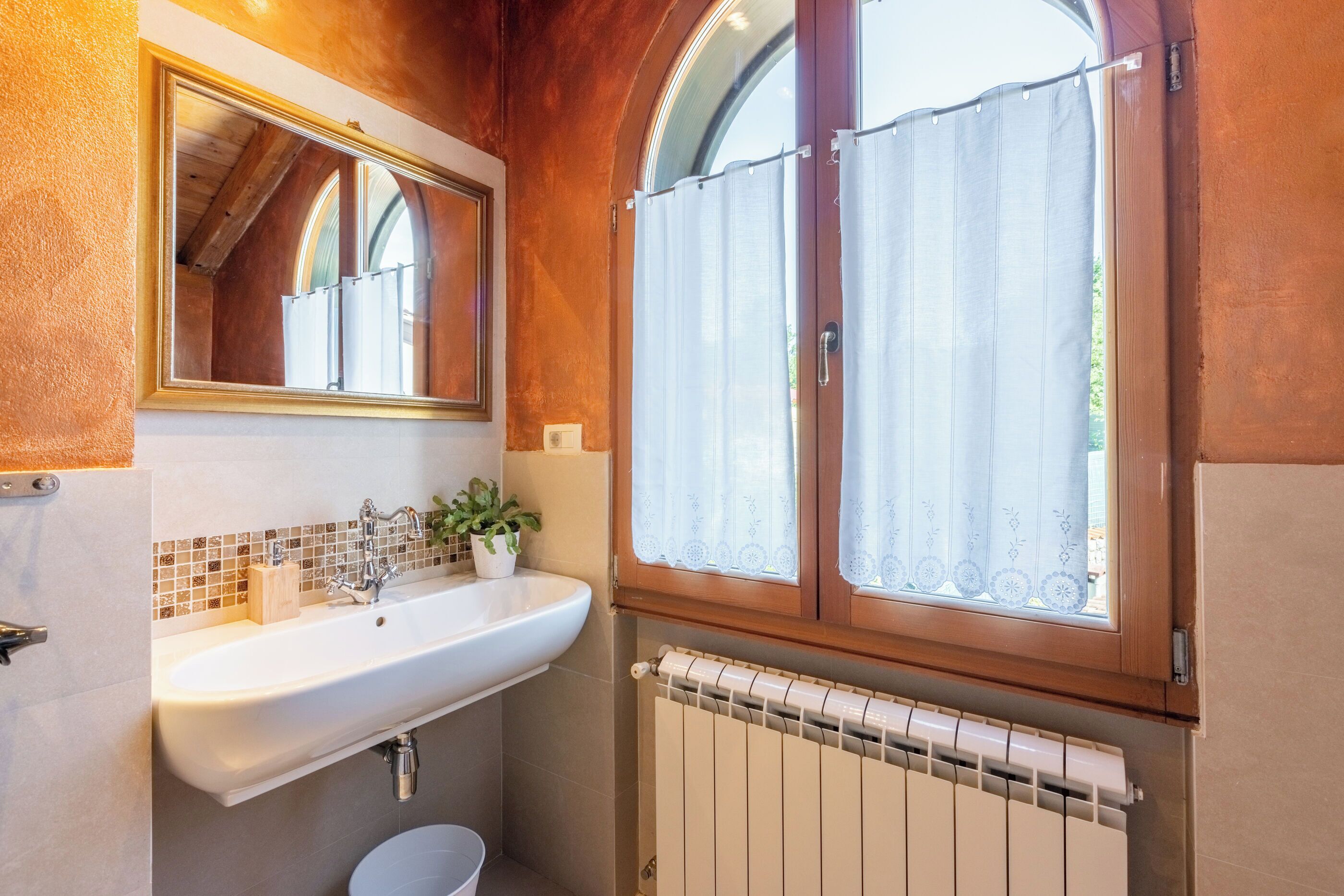 A bathroom with a white sink, a mirror, a potted plant, and a window with curtains.