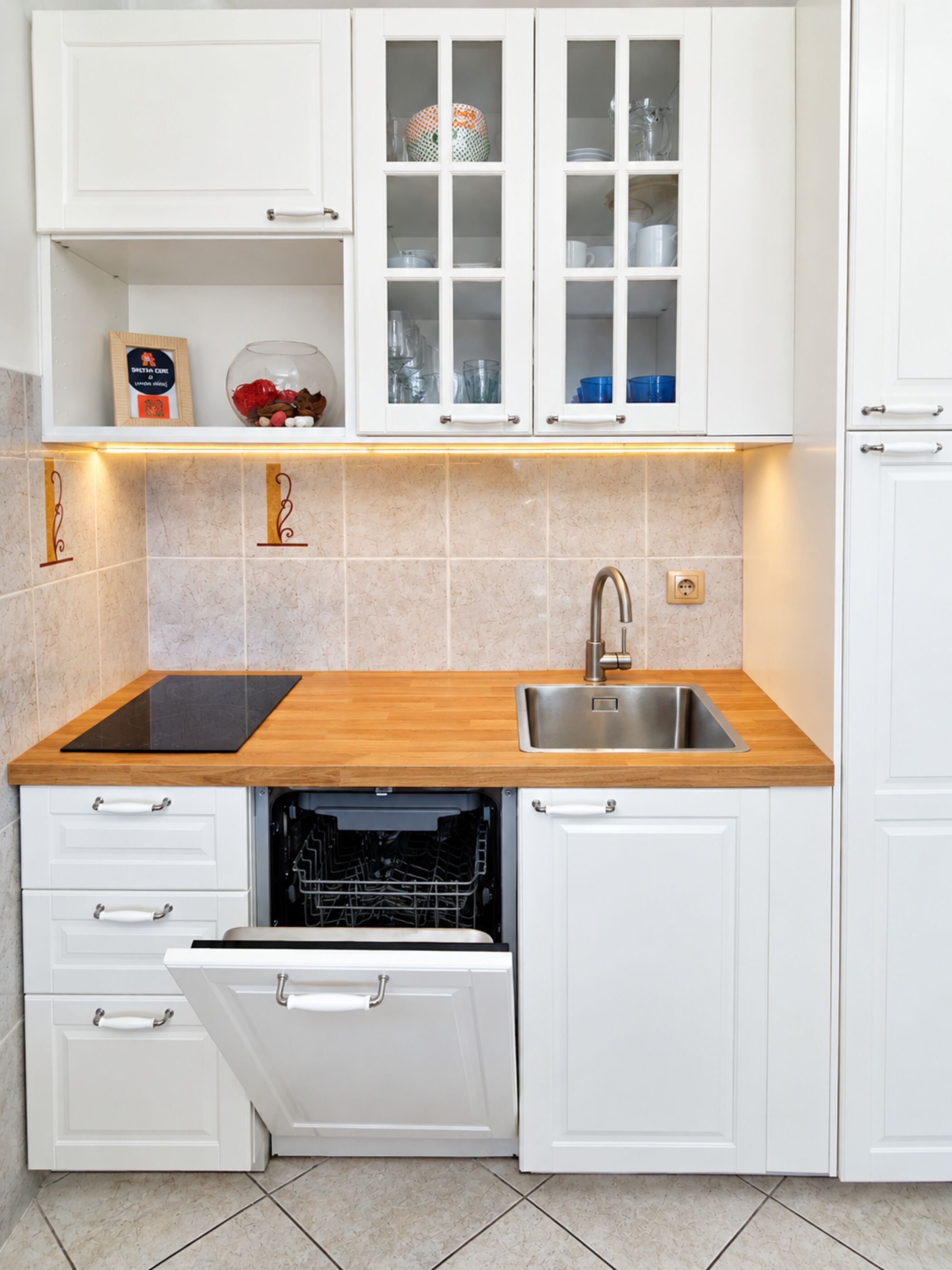 A modern kitchen with white cabinetry, a wooden countertop, a stainless steel sink, and a dishwasher.