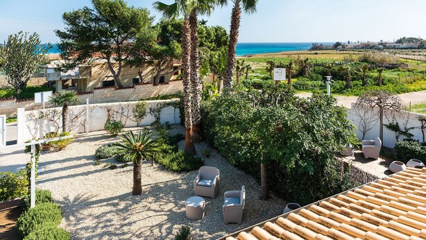 Una terrazza panoramica sul tetto con posti a sedere all'aperto, palme e vista mare.