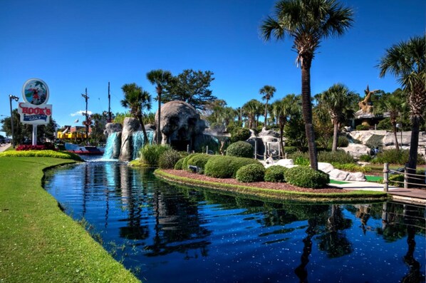 A landscaped area with a water feature, palm trees, and a large rock formation.