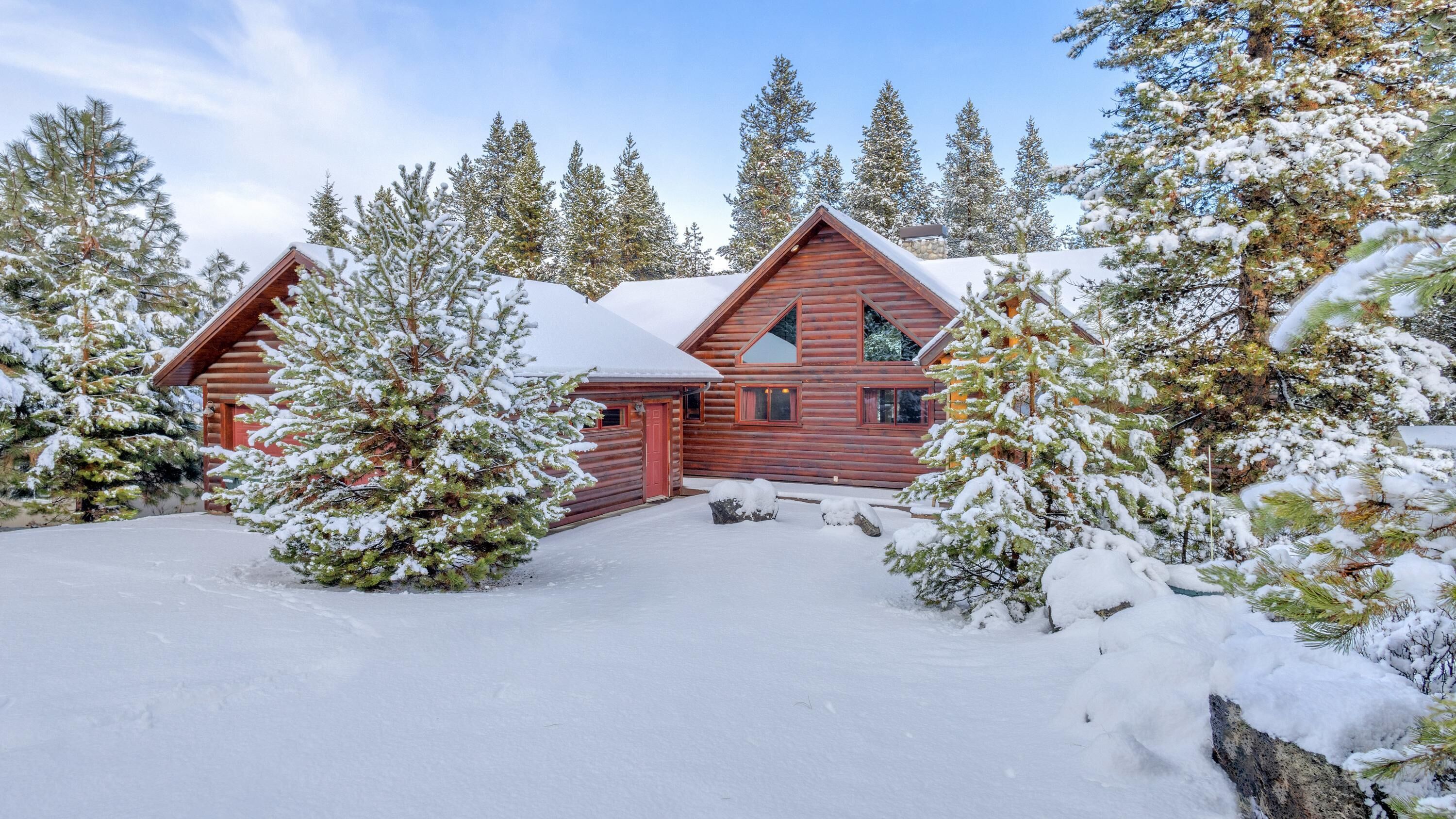 A log cabin with a snow-covered roof and surrounding evergreen trees.