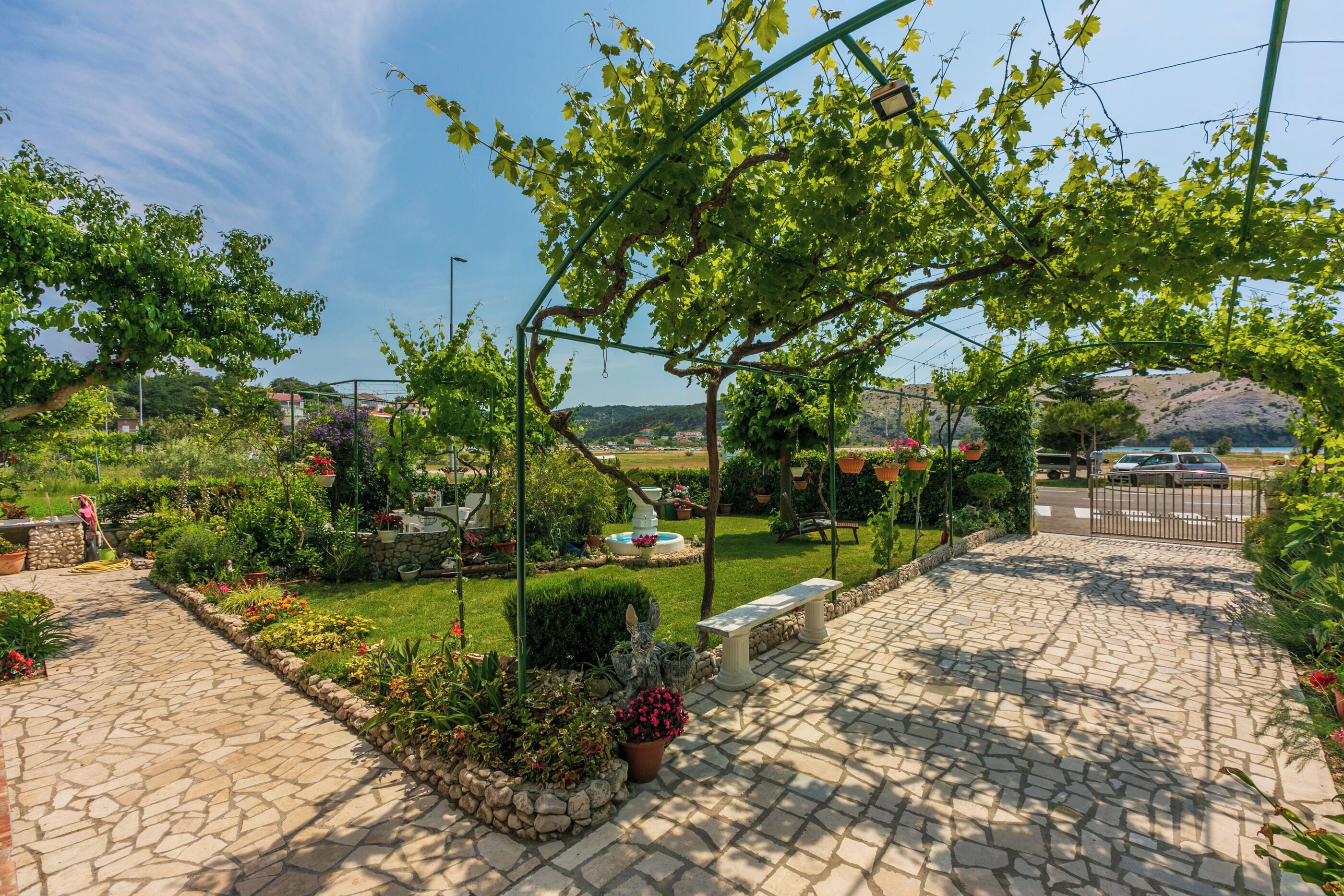 A garden with a stone pathway, benches, and a pergola with vines.