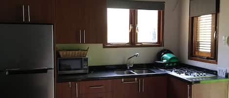Fridge, microwave, stovetop, coffee/tea maker