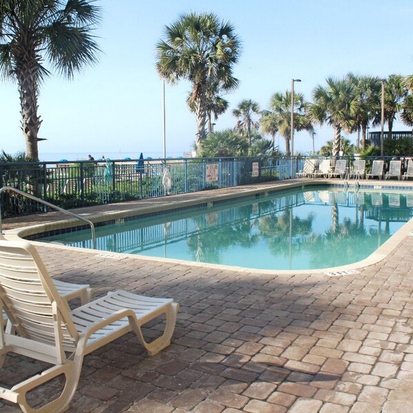 A swimming pool with lounge chairs and palm trees, surrounded by a fence.