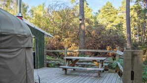 Outdoor dining - Escape to our secluded woodland yurt for ultimate off-grid relaxation. (Black Hill, near Crowborough)