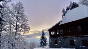 A snow-covered landscape with a wooden cabin and a snow-covered tree in the foreground.