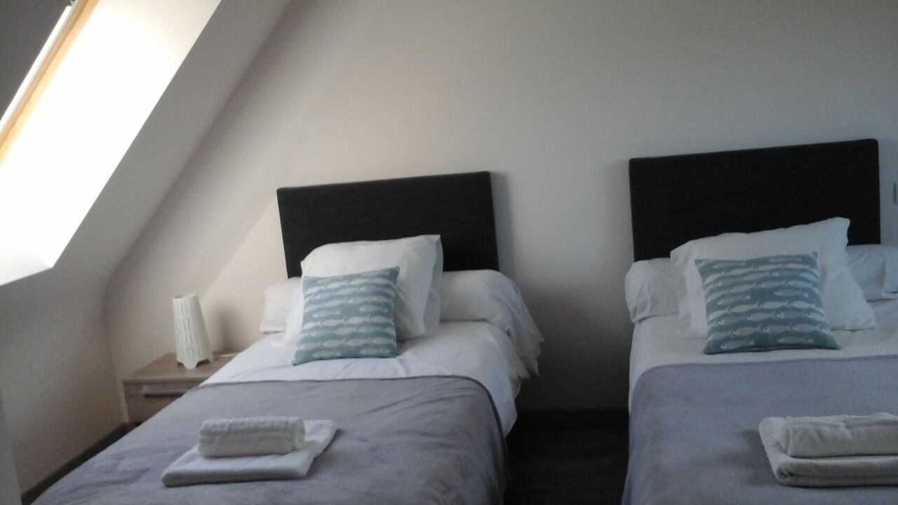 Two twin beds with black headboards in a room with sloped ceilings.