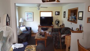 A living room with a television, two sofas, a coffee table, and a fan. - Cozy Cottage close to the Lake (Harbert)