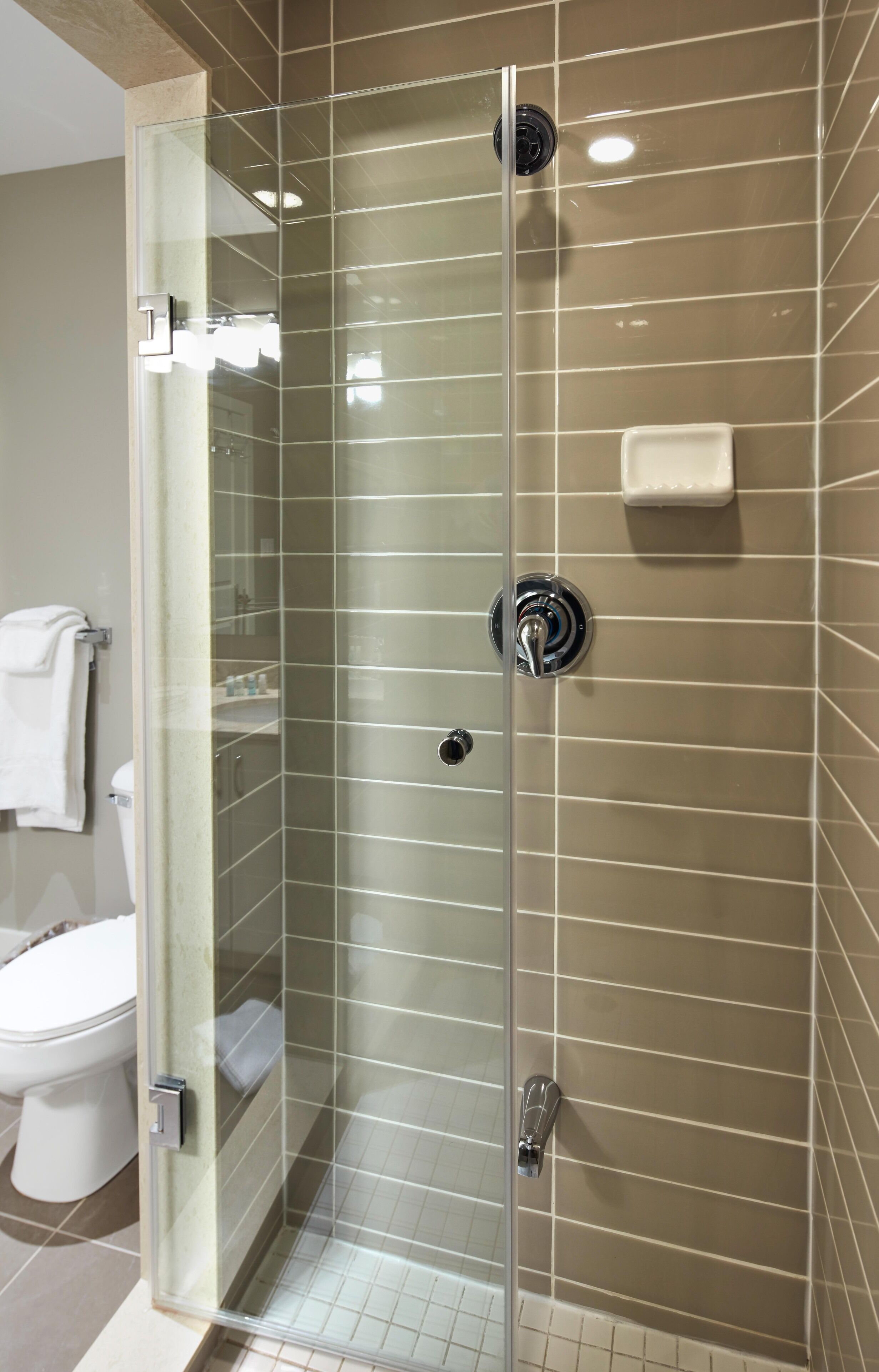 A glass-enclosed shower with beige tiled walls and a white toilet visible to the left.