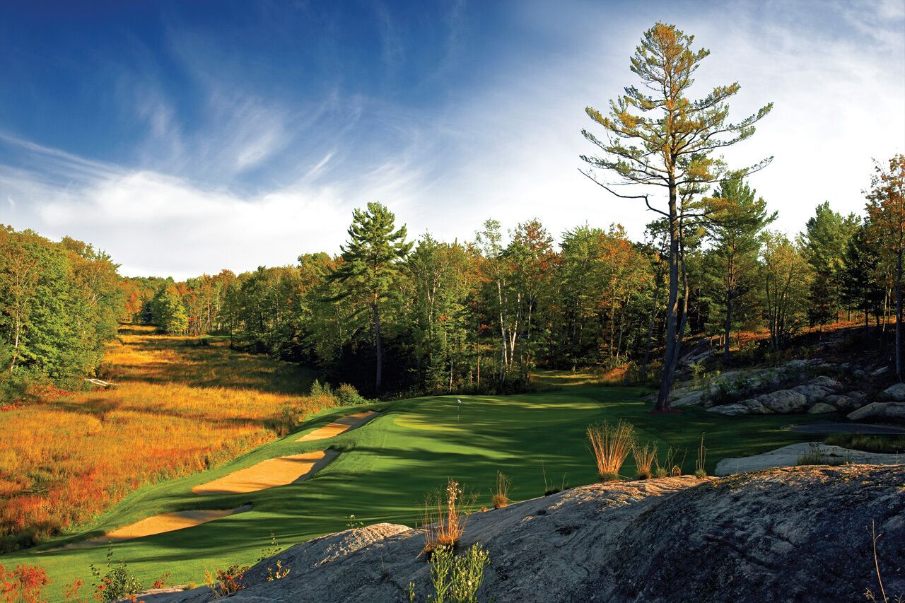 Un parcours de golf avec des allées bien définies, des bunkers de sable et une grande variété d’arbres.
