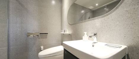 A modern bathroom with a white toilet, a sink with a mirror above it, and a shower area.