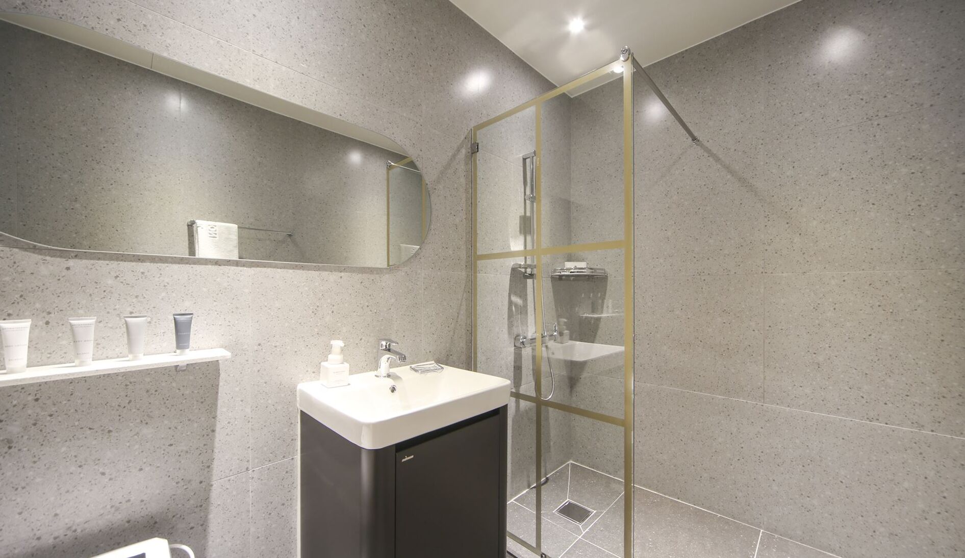 shower, designer toiletries, hair dryer, bathrobes