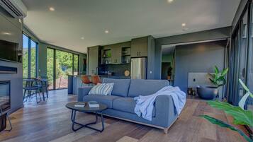 Apartment 2 | Living area | 65-inch TV with satellite channels, fireplace, Netflix