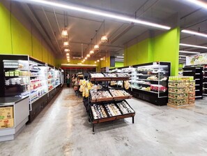 Shelves stocked with a wide variety of products.
