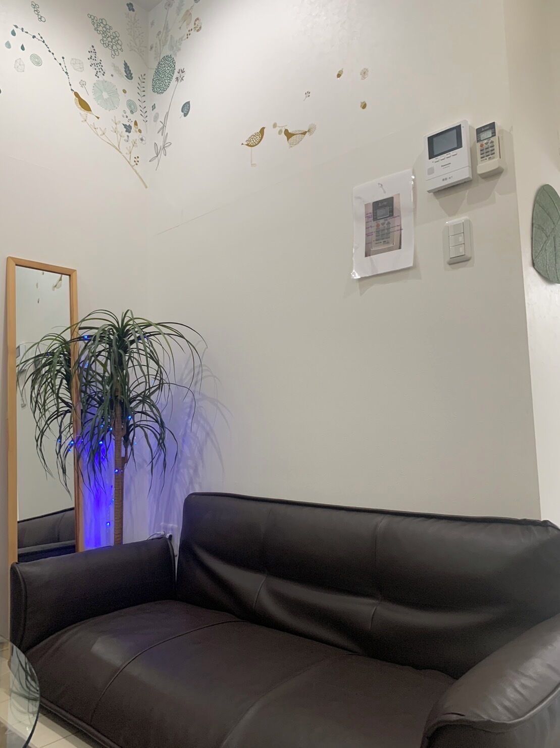 A living room with a black leather sofa, a potted plant with blue lights, a wall-mounted thermostat, and a security system panel.