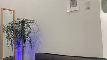 A living room with a black leather sofa, a potted plant with blue lights, a wall-mounted thermostat, and a security system panel.
