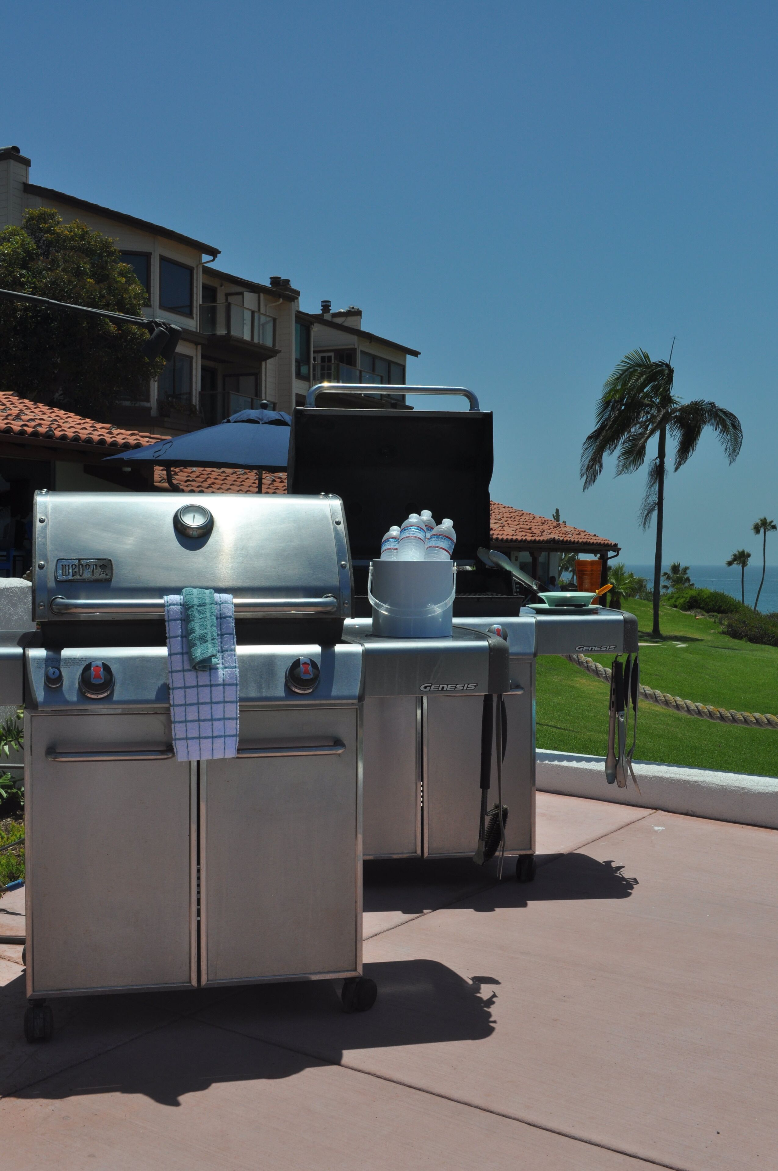 A Genesis portable grill with a blue towel, a water dispenser, and a pot on a patio with a view of a house and palm trees.