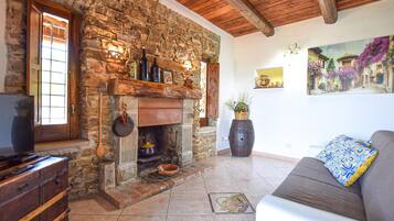 Télévision, cheminée, table de tennis de table