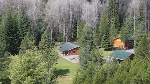 A cabin surrounded by dense forest with a clear view of the surrounding trees.