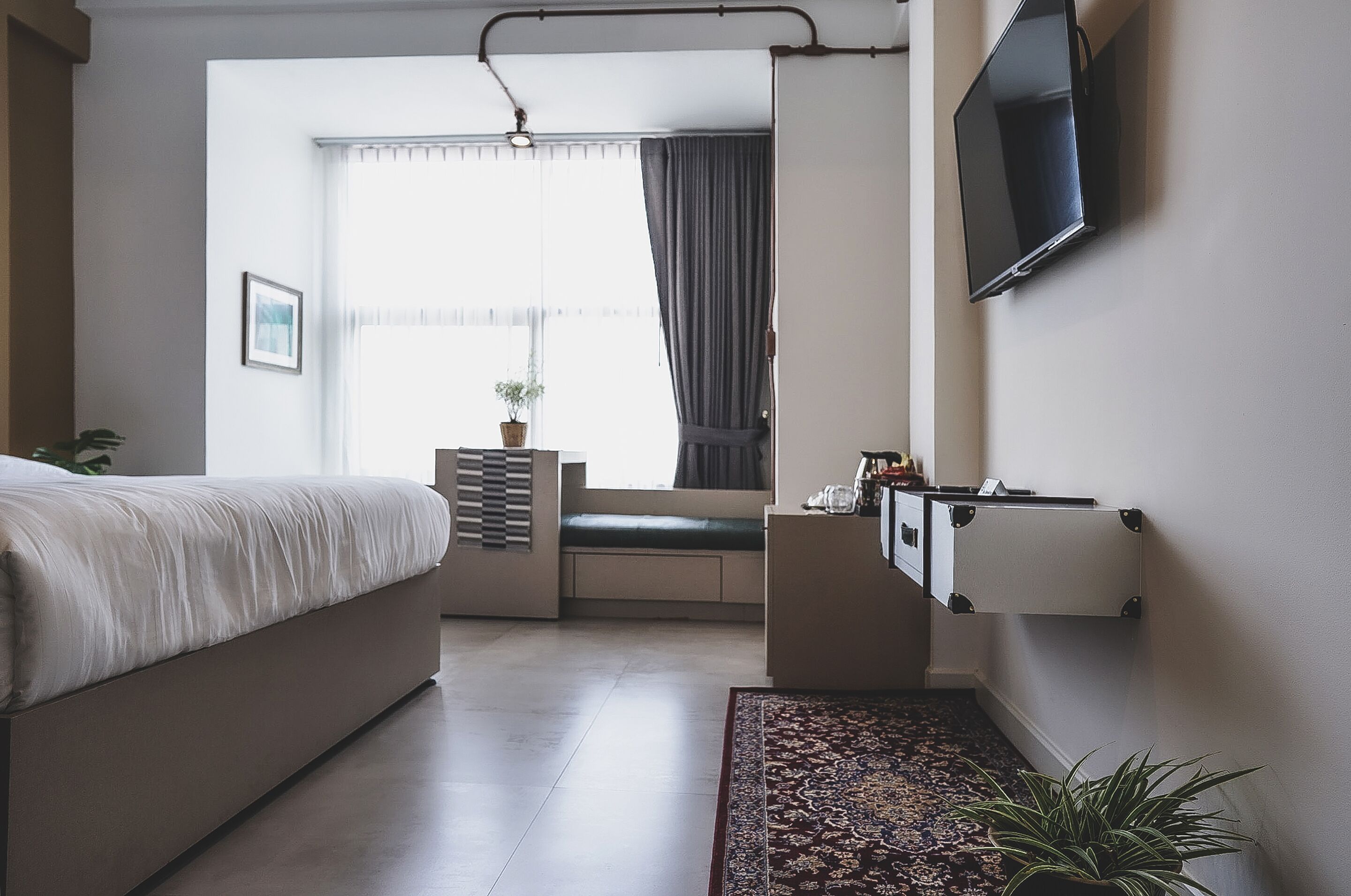 A modern bedroom with a bed, a TV mounted on the wall, a window with curtains, and a small plant on the windowsill.
