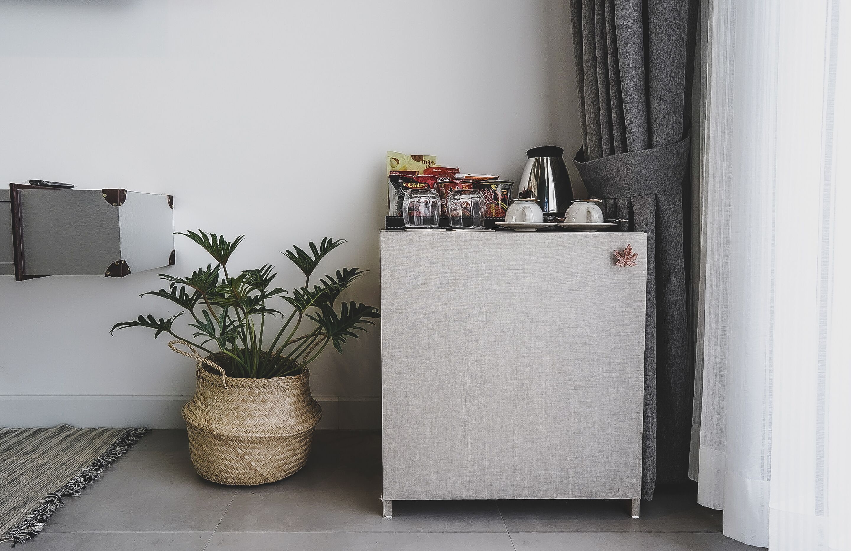 A compact kitchenette with a small refrigerator, a coffee maker, and a potted plant.