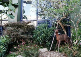 Um jardim com diversas plantas e uma estátua de veado.