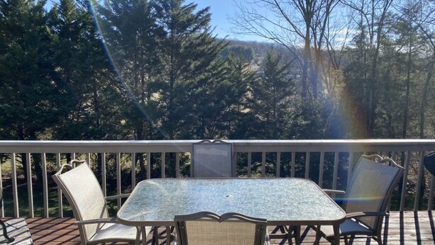 A deck with a table and chairs, surrounded by a railing, overlooking a forested area. - A Den for all four seasons, visit the Bear's Den and create lasting memories. (McGaheysville)