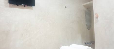 Habitación de hotel con cama, televisión montada en la pared y zona de ducha.