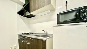 Une cuisine compacte équipée d’une cuisinière à gaz, d’un évier en acier inoxydable et d’un four à micro-ondes.