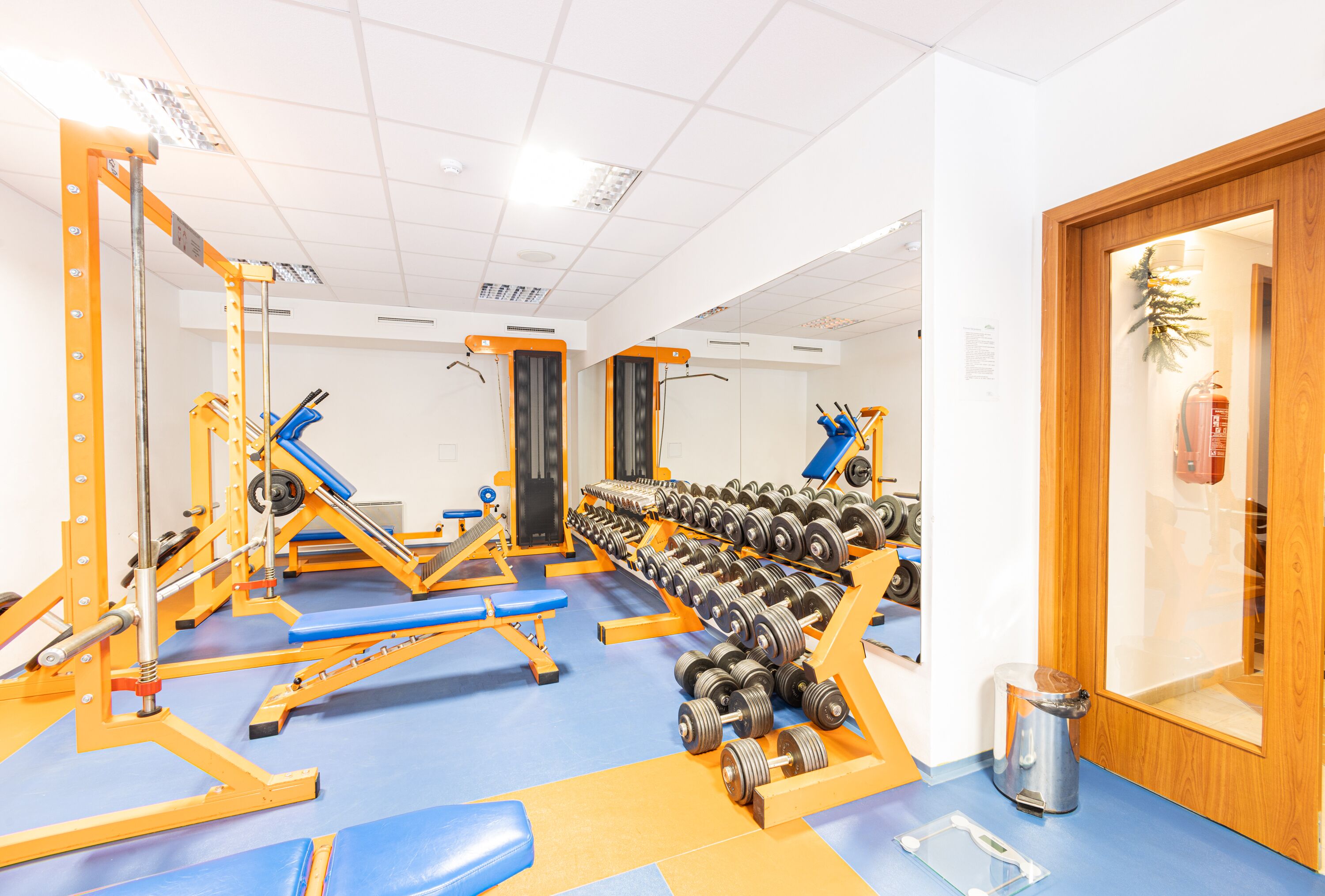 Une salle de sport équipée de matériel de musculation, de bancs et d’haltères.